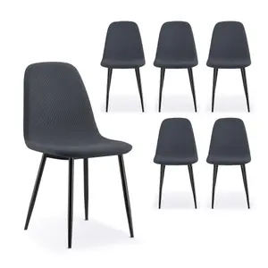 VonHaus Dining Chairs Set of 6, Charcoal Blue Kitchen Chairs with Black Metal Legs, Cord Effect Chairs for Dining