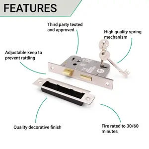 EAI Sashlock 80mm / 57mm Backset SATIN NICKEL 3 lever Internal Wooden Door 2 Keys CE UKCA & Fire Door Approved Anti Rattle Keep