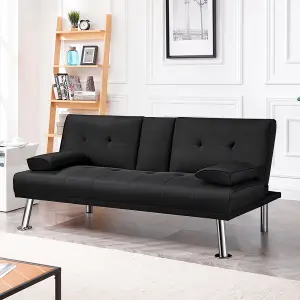 Yaheetech Black Fabric Upholstered Convertible Futon Sofa Bed for Small Space