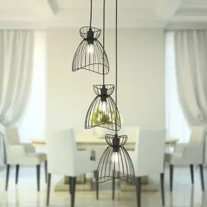 First Choice Lighting Diablo Black Cage Design 3 Light Ceiling Pendant Light