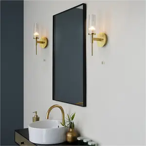 2 PACK Bathroom Satin Brass Plate Wall Light - Clear Ribbed Glass Shade - Non-Dimmable 3W LED G9