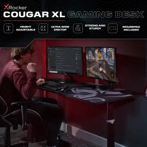 X-Rocker Cougar XL Height Adjustable Gaming Desk, 160cm Ultra Wide with FREE Mousepad - BLACK