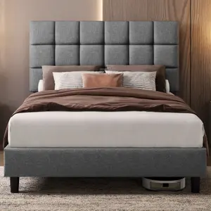 Yaheetech Upholstered Bed Frame with Square Tufted Headboard - Light Grey / Double