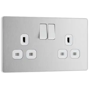 BG Evolve 13A Double Switched Power Socket, Screwless, Brushed Steel