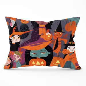 A Vibrant Illustration Of Witches And Pumpkin Cushions 33cm x 48cm