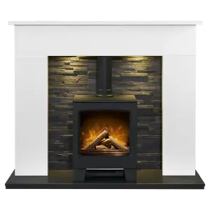 Acantha Toledo White Marble Fireplace with Lunar Electric Stove in Charcoal Grey & Downlights, 54 Inch