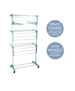 4 Tier Clothes Drying Rack Airer Foldable Adjustable Powder Coated Frame Wheel with Two Side Wings Dryer Racks & Shoe Stand Blue