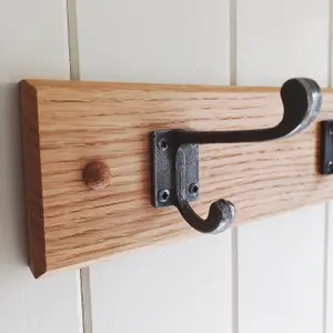 Handcrafted Solid Oak Coat Rack with Cast Iron Hooks 450mm - 3 Hooks