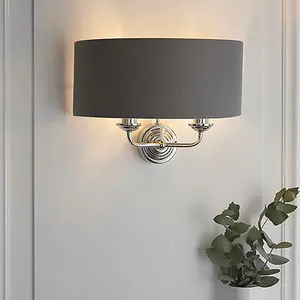 Luminosa Highclere Shade Wall Lamp Bright Nickel Plate, Charcoal Fabric