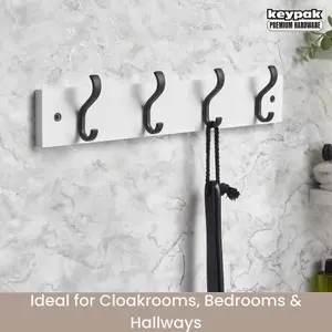 keypak Wall-Mounted Coat Rack - 4 Hooks on Modern Wooden Base for Wall & Door - 38cm (Matte Black/White)