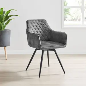 Grey Velvet Swivel Dining Chair With Black Legs Set Of 2