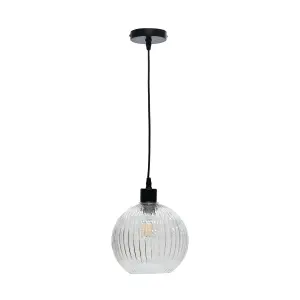 First Choice Lighting Set of 2 Betchley Clear Ribbed Glass Globe with Black Pendant Fittings