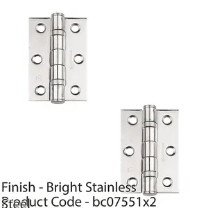 2 PACK - PAIR Grade 7 Heavy Duty Ball Bearing Hinge - 76 x 51mm Bright Stainless Steel