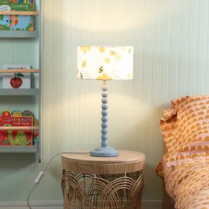 Powder Blue Bobbin Stem Table Lamp with Bumble Bee Drum Shade for Living Room Bedroom - LED Bulb Included