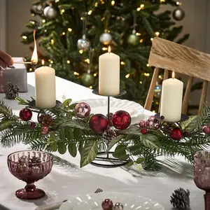 Festive Hedgerow Triple Pillar Centrepiece Christmas Decoration Tealight Holder Candle Holder