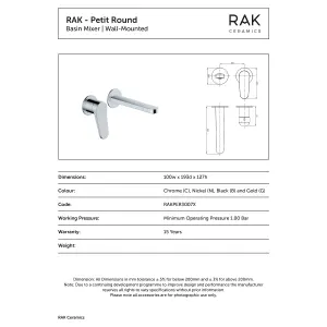 RAK Petit Matt Black Wall Mounted Lever Basin Sink Tap