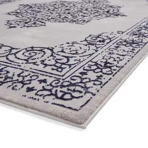 Blue Silver Traditional Abstract Bordered Easy To Clean Rug For Living Room Bedroom & Dining Room-120cm X 170cm