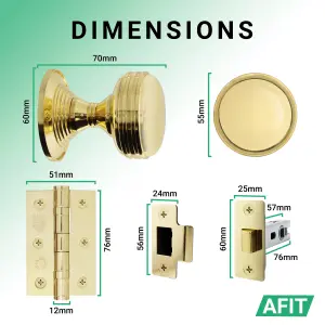 AFIT Lined Door Knob Set Polished Brass - 2 Pairs of Mortice Knobs (55mm), Latch (76mm) & Hinges (76mm) for Internal Doors