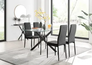 Furniturebox Leonardo 4 Seater Rectangular Glass Dining Table with Silver Metal Legs & 4 Black Milan Faux Leather Black Leg Chairs