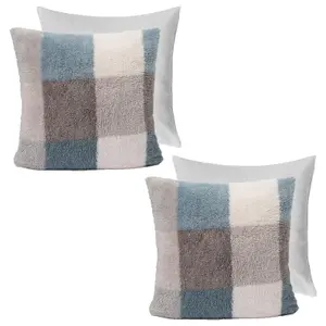 2 Pack Gingham Check Teddy Filled Fleece Soft Cushion Covers, Blue - 45 x 45cm