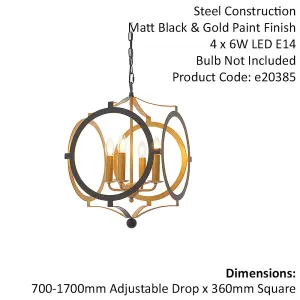 Matt Black & Gold Ceiling Pendant Light - 4 Bulb Hanging Circular Frame Fitting