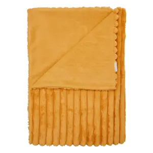 Catherine Lansfield Cosy Ribbed Faux Fur Blanket Throw Mustard