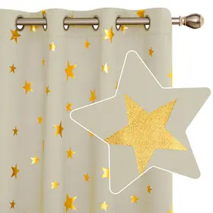 Deconovo Blackout Curtains 84 Inch Drop, Eyelet Gold Star Foil Printed Curtains for Bedroom, 52 x 84 Inch, Beige, 2 Panels