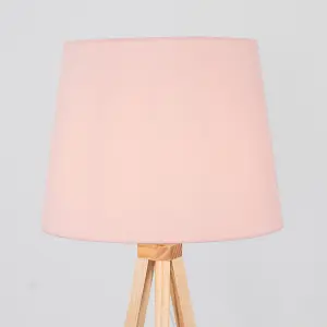 ValueLights Barbro Modern Light Wood Tripod Design Floor Lamp with Pink Tapered Shade - Includes 6w LED GLS Bulb 3000K Warm White