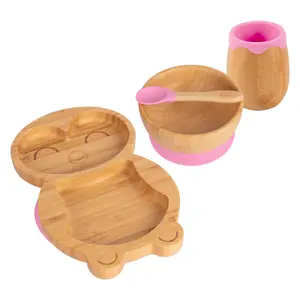 Tiny Dining - Penguin Bamboo Suction Baby Feeding Set - Pink - 4pc