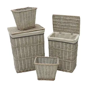 JVL Arianna Rectangular Willow Baskets, Set of 2 Laundry Baskets and 2 Waste Paper Bins, Grey Wash