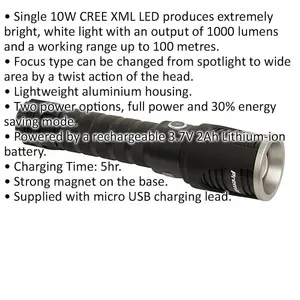 Rechargeable Aluminium Torch - 10W LED - Adjustable Focus Flashlight