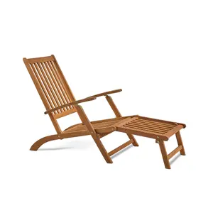 VonHaus Wooden Sun Lounger Set of 2, Folding Garden Steamer Chair, Sunlounger with Removable Footstool & Cushion, Acacia Hardwood