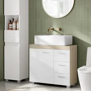 VASAGLE Under Sink Bathroom Cabinet, Storage Cabinet, with 3 Drawers, Compartments Behind the Door, Cloud White and Natural Beige