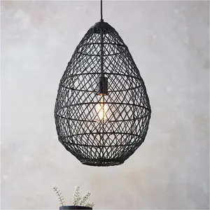 Hanging Ceiling Pendant Light - Black Rattan Basket & Matt Black - 10W LED E27