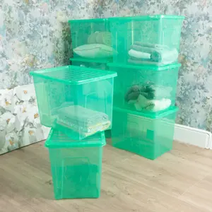 Wham Crystal 8 x 80L Plastic Storage Boxes with Lids. Large Size, Strong. Made in the UK Tint Leprechaun Green