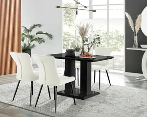 Furniturebox Imperia 4 Modern Black High Gloss Dining Table and 4 Cream Nora Black Leg Chairs