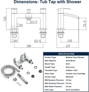 BATHWEST Square Waterfall Bath Taps with Shower Bath Mixer Taps with Shower Chrome Solid Brass Bathroom Sink Taps