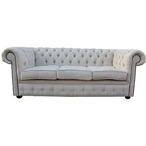 Chesterfield Original 3 Seater Sofa Settee Zoe Plain Parchment Cream Fabric In Classic Style