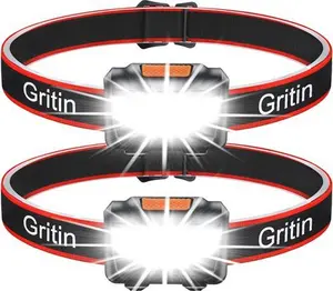 Gritin LED Head Torch, [2 Pack] COB Headlamp Super Bright Headlight, Adjustable With 3 Modes, Lightweight For Running, Camping, Fishing