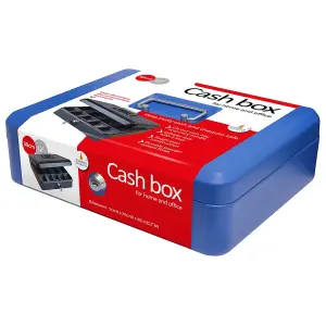 Lockable 12" Steel Cash Box - Money Organiser Safe with Note & Coin Tray, Cylinder Lock & Carry Handle - H9 x W30 x D24cm, Blue