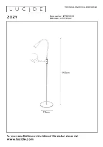 Lucide Zozy Modern Floor Reading Lamp - LED Dim. - 1x4W 3000K - 3 StepDim - Black