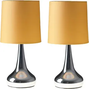 ValueLights Pair Of Silver Chrome Teardrop Touch Bed Side Table Lamps With Mustard Fabric Shades