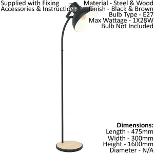 Standing Floor Lamp Light Cruved Black Base / Shade & Wood 1 x 28W E27 Bulb