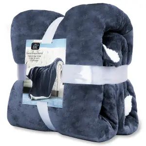 EHC Warm & Soft Sherpa Flannel Fleece Microfiber Blanket, Double Bed, Navy Blue - 150 cm x 200 cm