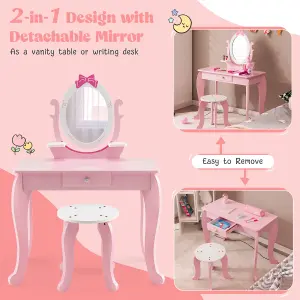 Costway 2-in-1 Kids Vanity Set Wooden Vanity Table w/ Stool Oval Rotatable Mirror