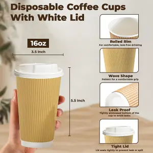 ECONX 16oz Takeaway Coffee Cups with White Lids Triple Walled Insulated Disposable Ripple Coffee Cups (Pack of 50)