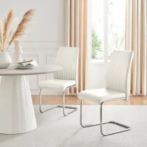 Set of 2 Lorenzo White High Back Stitched Soft Touch Faux Leather Chromed Cantilever Metal Leg Dining Chairs