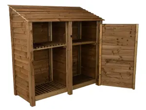 Wooden tool and log store, garden storage with shelf W-187cm, H-180cm, D-88cm - brown finish