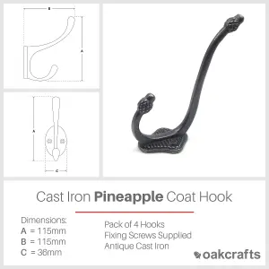 Oakcrafts - Antique Cast Iron Hat and Coat Hook Pineapple Tipped 115mm - Pack of 4