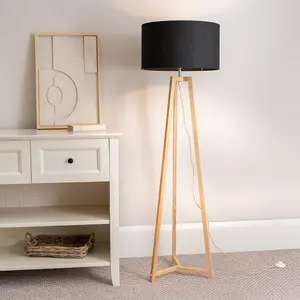 ValueLights Lottie Natural Wood Tripod Floor Lamp with Black Drum Shade - LED Bulb Included